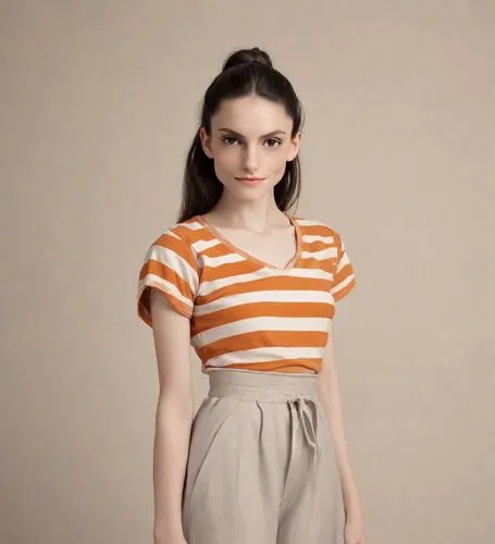 orange,striped background,pin stripe,horizontal stripes,polo shirt,orange color,orange cream,orange half,cotton top,female model,liberty cotton,striped,stripes,women's clothing,teen,tee,girl in t-shirt,bright orange,pale,model doll