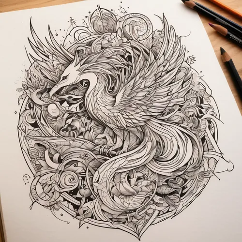 Draw a fantasy-inspired tattoo design showcasing mythical creatures and magical elements.,chinese dragon,dragon design,dragon,wyrm,painted dragon,phoenix rooster,line art wreath,line art animals,nine-