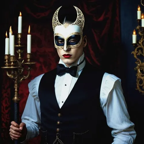 Vampiric nobleman, mysterious, pale skin, sharp facial features, crimson lips, piercing eyes, black suit, white shirt, blood-red vest, intricately designed mask, ornate cane, lavish ballroom, grand ch