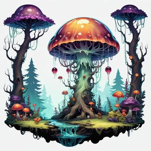 mushroom landscape,mushroom island,tree mushroom,forest mushroom,fairy forest,mushroom type,Illustration,Abstract Fantasy,Abstract Fantasy 11