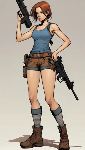 a girl, a grayish blue tank top and brown shorts, plus the character is equipped with two pistols and survival tools.,girl with gun,lara,girl with a gun,croft,woman holding gun,rifle,pubg mascot,holdi