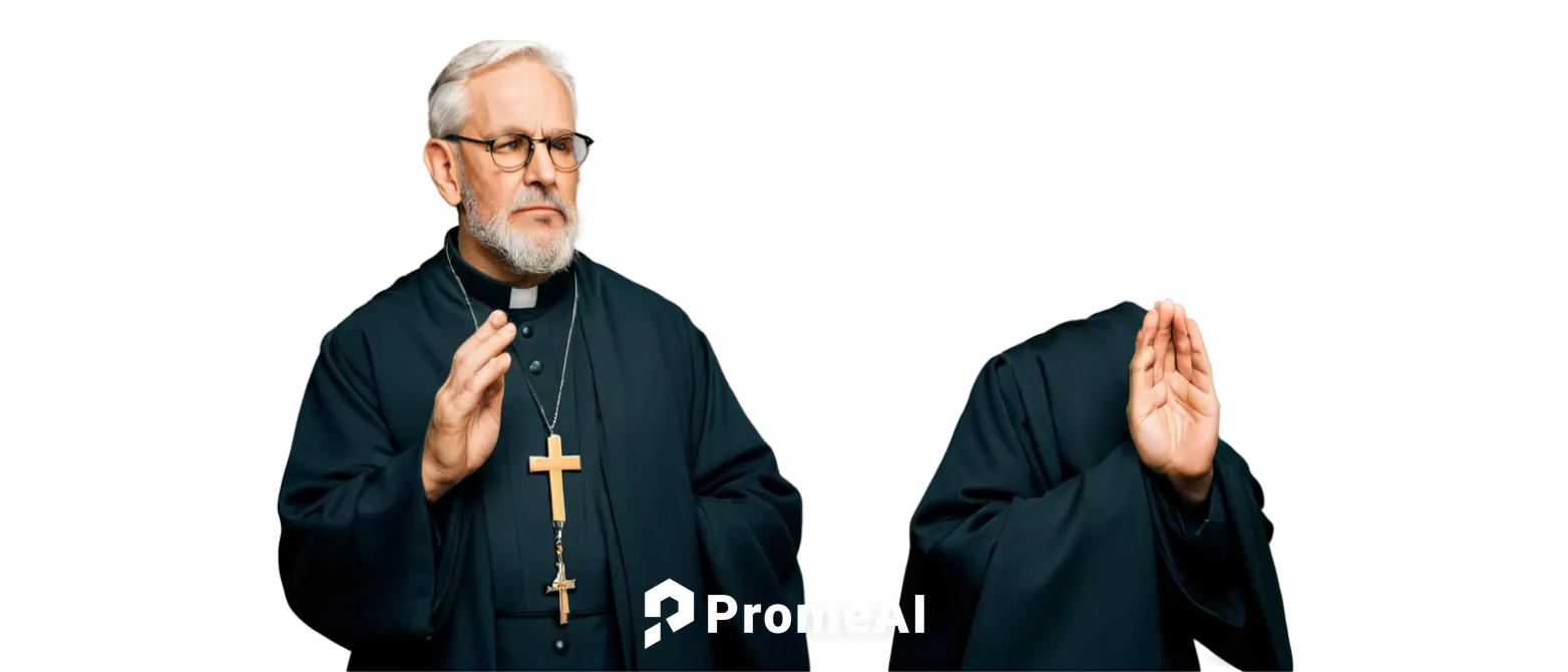 Priest, Catholic priest, mature man, solemn expression, white hair, beard, glasses, black robe, golden cross, praying hands, standing, respectful atmosphere, warm lighting, soft focus, 3/4 composition