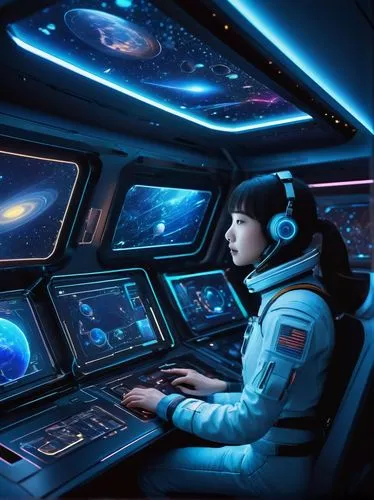 space art,ufo interior,sci fiction illustration,space voyage,computer room,space,out space,space travel,sky space concept,lost in space,girl at the computer,space tourism,spaceship space,astronomers,copyspace,copy space,text space,andromeda,computer,astronomer,Illustration,Japanese style,Japanese Style 20