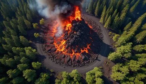 make one scene in a forest burning with chunks of meteors, and a mountain spewing lava, the camera looks from above. late afternoon feel, super realistic HD, 8K.,krafla volcano,nyiragongo,active volca