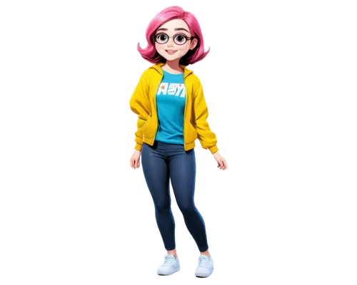 1girl, cartoon style, colorful hair, big eyes, rosy cheeks, sweet smile, white skin, detailed eyelashes, cute nose, solo, standing, full-body shot, dynamic pose, vibrant colors, comic book-style shadi