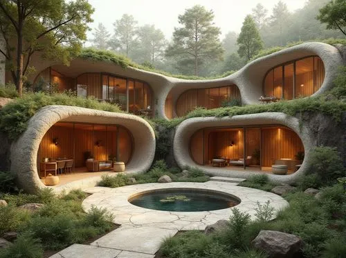 earthship,futuristic architecture,cubic house,forest house,dreamhouse,house in the forest,beautiful home,dunes house,modern architecture,3d rendering,igloos,house in the mountains,luxury property,house in mountains,cooling house,cube house,rooves,futuristic landscape,luxury home,landscaped,Photography,General,Realistic