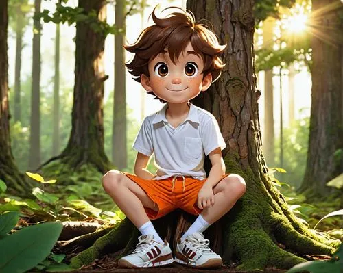 Chibi, Doki, Shota, young boy, sweet smile, big round eyes, messy brown hair, freckles on nose, casual white shirt, orange shorts, sneakers, sitting on a tree stump, forest surroundings, lush greenery