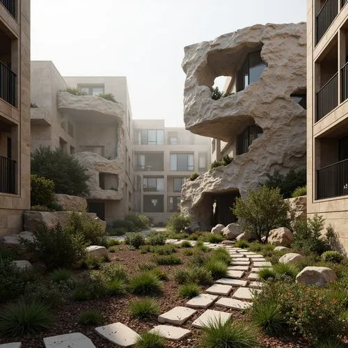 courtyards,masdar,getty centre,courtyard,seidler,karnak,pedrera,scampia,interlace,apartment block,apartment complex,arcosanti,brutalist,inside courtyard,hasinai,3d rendering,rendered,habitat 67,safdie,render