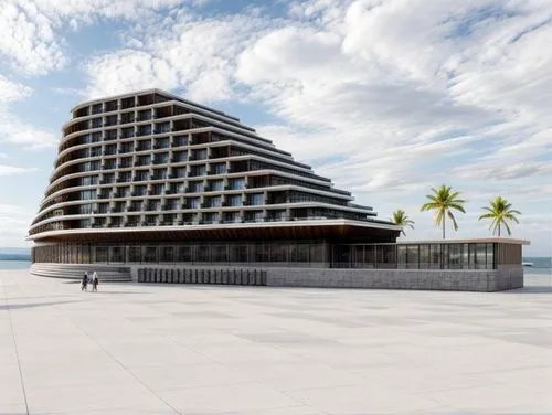 this is A exterior design for a hotel on island 
please add realistic environment and keep the white material in white color
please add palm trees 
please add small plants on terraces,hotel barcelona 