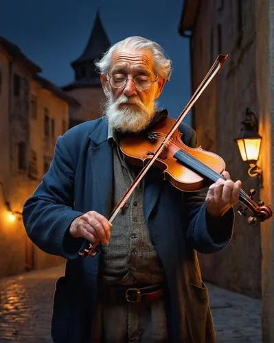 Elderly man, Malazan, fiddler, solo, (70yo), white beard, wrinkled face, aged eyes, glasses, worn-out clothes, holding a violin, playing on the street, old town, European-style architecture, stone pav