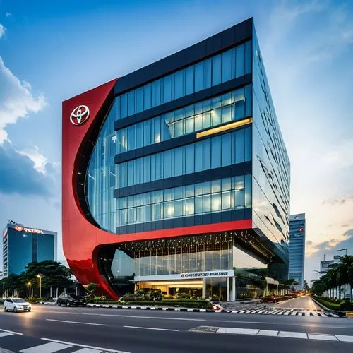 A LUXURIOUS TOYOTA MOTORS DEALER, TWO STOREYS, SURABAYA, STREET JUNCTION, RED CRESCENT LOGO, PERFORATED BLACK METALS BUILDING COVER, LARGE PARKING AREA AT FRONT, LARGE STEEL COLLONADE , GOLDEN LINING,