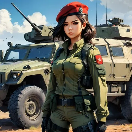 Generate a high-quality anime-style image depicting a young woman with black military-style hair and brown eyes. She stands tall near a military vehicle, exuding confidence and determination. Dressed 