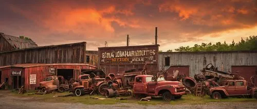 Rustic architectural salvage yard, Portland Maine, old wooden signs, distressed metal roofs, vintage windows, reclaimed lumber, industrial pipes, brick walls, abandoned machinery, scattered tools, nos