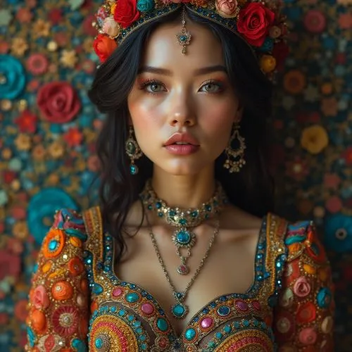 A ravishingly beautiful woman with flawless skin and mesmerizing eyes, adorned in an elaborate, hand-beaded and embroidered outfit in a vibrant color palette, accentuated by stunning futuristic jewell