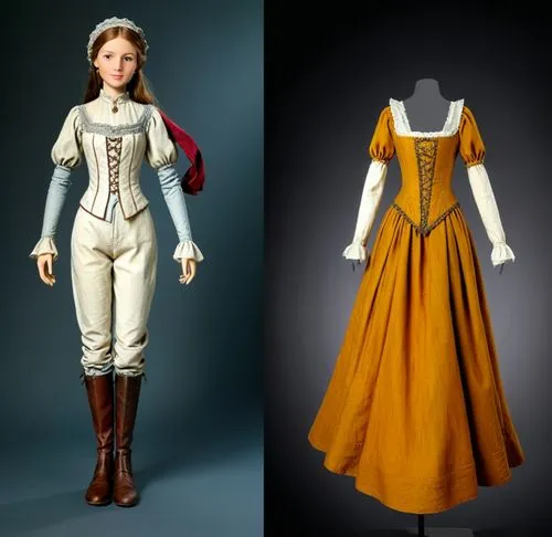 Paper doll one solo medieval noble women in white blouse ,grey tight legging with brown boot on the left standing with a headless faceless fashion mannequin clothing item set of elegant medieval noble