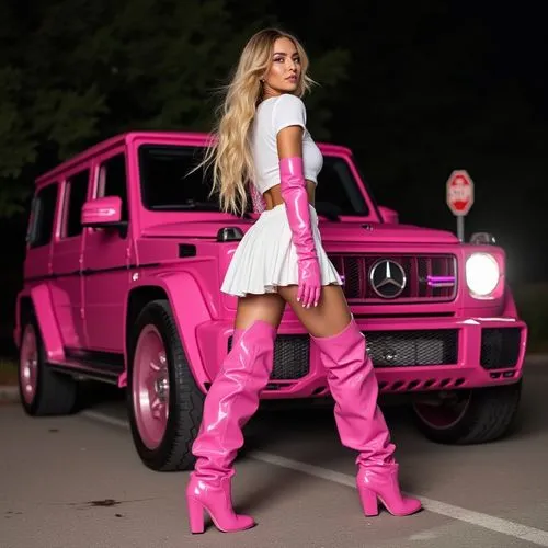 Based on the image, here is a detailed description of the outfit, scene, pose, and car:

**Outfit:**

The person in the image is wearing a striking, coordinated outfit that matches the bright pink col