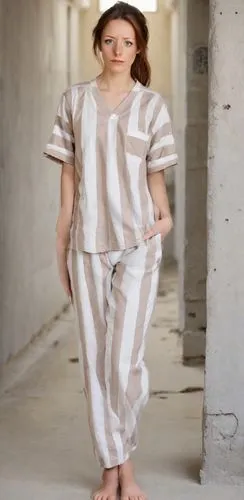 full body view:(female prisoner)(barefooted, barefoot, bare feet)(normal ideal human proportions, real human proportions)(medium buxom)(neutral expression, natural face, natural lips, pale lips)(long 