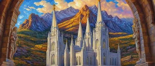 tirith,hall of the fallen,gondolin,thingol,rivendell,erebor,citadels,church painting,cathedral,nargothrond,silmarillion,seregil,karakas,templedrom,spires,fantasy landscape,pentreath,tabernacles,halvdan,highborn,Illustration,Realistic Fantasy,Realistic Fantasy 30