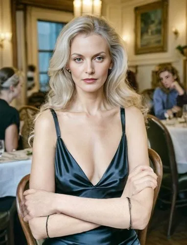 elegant,femme fatale,paris cafe,elegance,in a black dress,anna lehmann,blonde woman,madeleine,new york restaurant,woman at cafe,garanaalvisser,dining,black dress,espresso,parisian coffee,swedish german,blonde on the chair,diner,vanity fair,in black,Female,Western Europeans,Wavy,Elderly,M,Meditation,Satin Slip Dress,Indoor,Restaurant