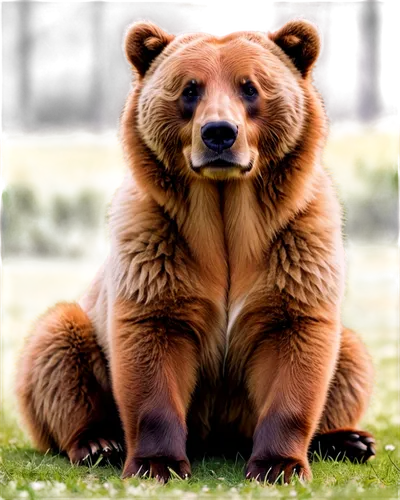 Brown bear, sitting dog, friendly eyes, fluffy fur, wagging tail, playful posture, outdoor setting, green grass, warm sunlight, shallow depth of field, soft focus, cinematic composition, realistic tex