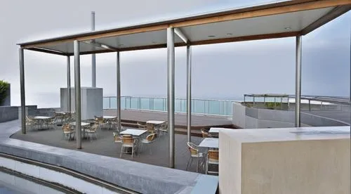 Stainless steel handrails, Corten steel metal pillars, dark wood deck, tall vegetation, Canary Island palm tree, exposed concrete cladding walls, Canary Island forest in the background, wooden and met