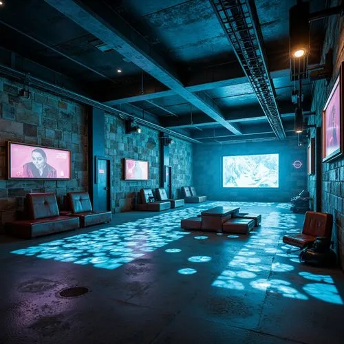 conference room,collaboratory,game room,meeting room,eyebeam,digital cinema,basement,blue room,lobby,event venue,aqua studio,ideacentre,groundfloor,clubroom,creative office,nightclub,audiovisual,screens,artspace,loft