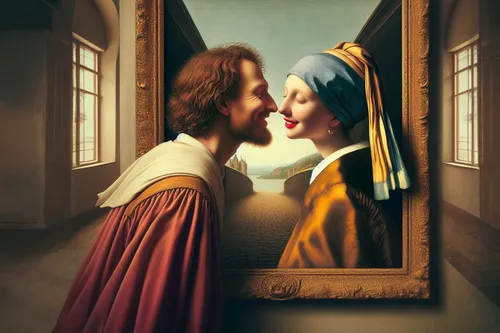 the mirror,the annunciation,magic mirror,romantic portrait,mirror image,mirror reflection,mirror frame,self-reflection,meticulous painting,droste effect,young couple,courtship,admired,gothic portrait,art dealer,first kiss,in the mirror,girl with a pearl earring,italian painter,contemporary witnesses