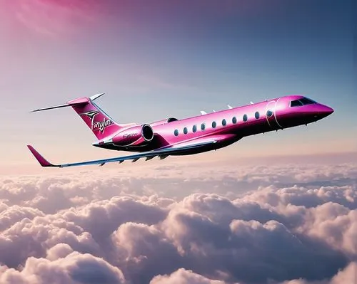 Taylor Swift design engine private jet aircraft, chrome and pink livery, twin engines, with Taylor Swift emblazoned on the fuselage, flying just above the clouds on sunny day, tip of skyscrappers visi