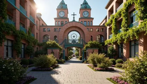 Intricate ironwork, ornate facades, sinuous lines, flowing curves, organic forms, lavish decorations, grand entrance gates, rustic stone walls, vibrant turquoise accents, stained glass windows, majest