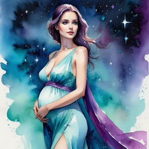 star mother,zodiac sign libra,pregnant woman icon,andromeda,pregnant woman,maternity,la violetta,virgo,fantasy portrait,elsa,girl in a long dress,fantasy woman,zodiac sign gemini,digital painting,fairy galaxy,la nascita di venere,pregnant girl,world digital painting,purple dress,cg artwork,Illustration,Paper based,Paper Based 25