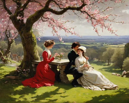 the cherry blossoms,still life of spring,franz winterhalter,idyll,cherry trees,bougereau,picnic,in the spring,romantic scene,spring morning,cherry tree,spring blossoms,springtime background,courtship,asher durand,young couple,girl picking apples,girl in the garden,girl picking flowers,springtime,Illustration,Paper based,Paper Based 27