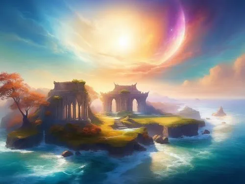 fantasy landscape,fantasy picture,an island far away landscape,flying island,landscape background,dreamscape,artemis temple,world digital painting,atlantica,islet,full hd wallpaper,dreamscapes,myst,is