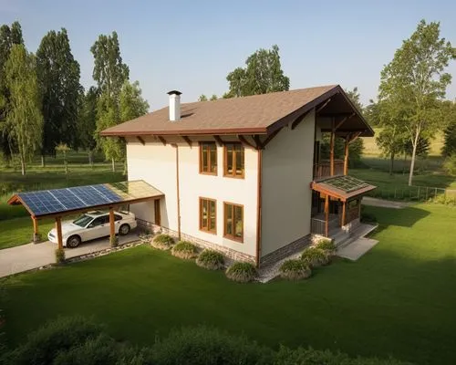 small modern house surrounded by a garden.
The walls are white. Gray roof.,an aerial view of a house with a solar panel on the roof,ecovillages,solar photovoltaic,solarcity,passivhaus,photovoltaic sys