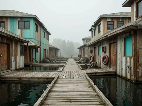 Rustic wooden docks, weathered boat lifts, nautical ropes, vintage life rings, distressed wooden planks, eclectic color palette, bold turquoise accents, warm beige tones, rich brown woods, creamy whit