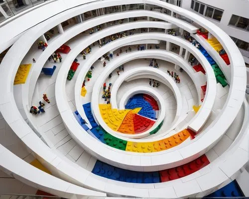 Guggenheim Museum, Lego Architecture, modern art museum, spiral design, white exterior, glass ceiling, natural light, urban cityscape, New York City, Fifth Avenue, afternoon sun, soft shadows, clean l