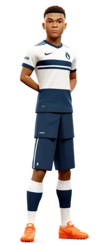 Kylian Mbappé, French footballer, young adult, athletic build, short black hair, bright eyes, gentle smile, white jersey with blue stripes, Nike sneakers, standing pose, confident expression, stadium 