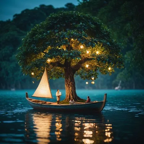 magic tree,tree with swing,fantasy picture,isolated tree,floating island,floating on the river,Photography,General,Cinematic