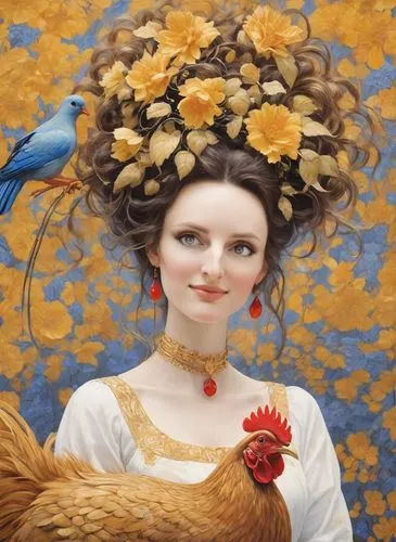 A mesmerizing, complex painting reminiscent of the styles of James S. Christensen and Gustav Klimt, centered on a romantic country girl. The girl's voluminous Gustav Klimt-style hairdo, reminiscent of