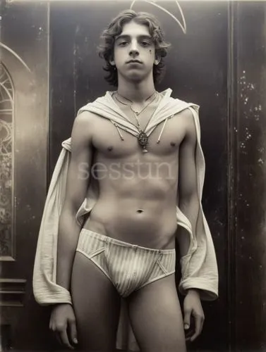 An 18-y-o boy in a Parisian nightclub. Let the motif appear like a pioneering photograph, as if it had been photographed by Félix Tournachon (Nadar) as a long exposure.,a shirtless man wearing underwe