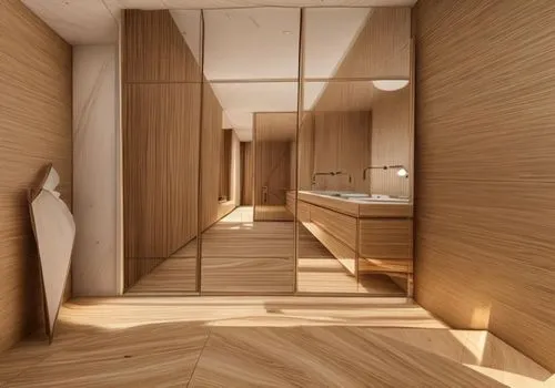 glass bathroom mirror woodpanelling kitchen salon apartment people wooden floor bright spotlight summer sunlight white ceiling,a long wooden bathroom with large mirrors on the walls,walk-in closet,lam