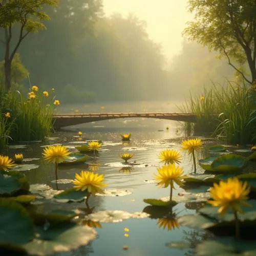 Wetland design, yellow color scheme, vibrant flowers, greenery, water lilies, calm pond, wooden bridge, misty morning, warm sunlight, gentle ripples on water surface, natural ambiance, 3/4 composition