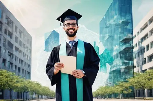 Mature male, 25-30yo, architect, graduation ceremony, solo, happy expression, glasses, short black hair, beard, blue academic gown, holding diploma, white shirt, black trousers, black shoes, cityscape