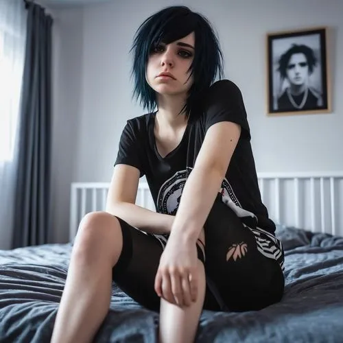 emo,goth woman,depressed woman,moody portrait,blue hair,girl in t-shirt,girl in bed,isolated t-shirt,goth subculture,lis,sad woman,sad girl,worried girl,greta oto,punk,tee,goth,goths,grunge,noodle image,Photography,General,Realistic