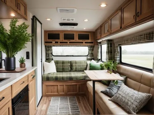 Cozy travel trailer, modern minimalist interior, beige leather sofa, oak wood cabinets, marble countertop, stainless steel sink, compact refrigerator, microwave oven, soft LED lighting, large windows 