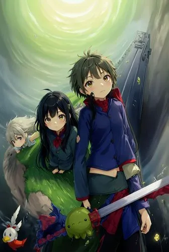 anime boys stand in front of a green forest with two sword wielding girls,inuyasha,kagome,peni,nue,gurren,shinran,Anime,Anime,Traditional