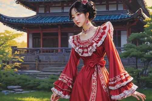 oriental princess,hanbok,oriental girl,asian costume,oriental,asian woman,korean culture,red tunic,mukimono,japanese woman,oriental painting,korean,geisha girl,mulan,chinese style,geisha,vintage asian,ao dai,vietnamese woman,anime japanese clothing,Illustration,Retro,Retro 14