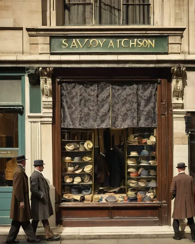 Poster men hang a covering over a window at the Savoy Taylors Guild in The Strand, London UK. Taylors Guild is a high-profile clothing shop next to the famous Savoy Hotel. Part of the Moss Bros Group.