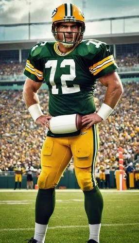 Green Bay Packers, American football team, sports jersey, helmet, shoulder pads, athletic pants, cleats, muscular man, strong arms, determined facial expression, holding a football, standing in a stad