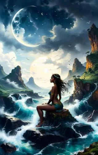 a painting of a woman sitting on a rock in a lake,mermaid background,ocean background,cartoon video game background,fantasy picture,atlantica,the endless sea,Illustration,Realistic Fantasy,Realistic F