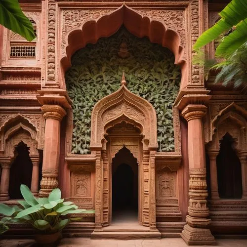 Intricate Hindu temple, ornate carvings, golden domes, vibrant frescoes, lotus flowers, deity statues, intricate stone sculptures, red sandstone walls, arched windows, ornate doorways, serene courtyar